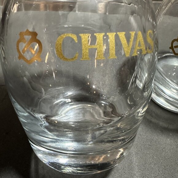 Chivas Whiskey Rocks Glasses Etched Gold Logo Swirl Shape Weighted Bottom 8oz - Picture 3 of 9